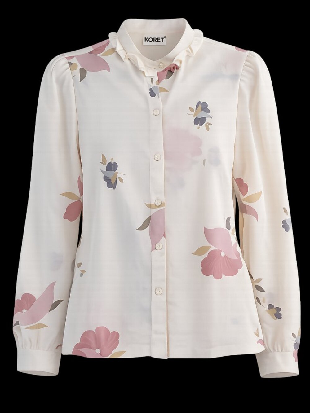 Koret Vintage Floral Blouse Women's Ivory Pink Button Front Ruffle Collar